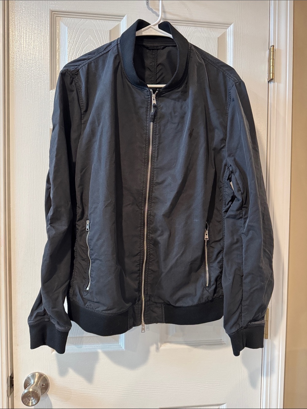 All Saints Men's Black Bomber Jacket - Classic Zip Front size medium